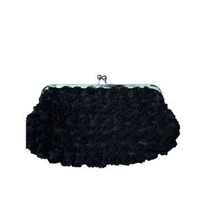 Black 3D Rosette Floral Evening Clutch‎ Silver Kiss Lock Convertible Chain Strap